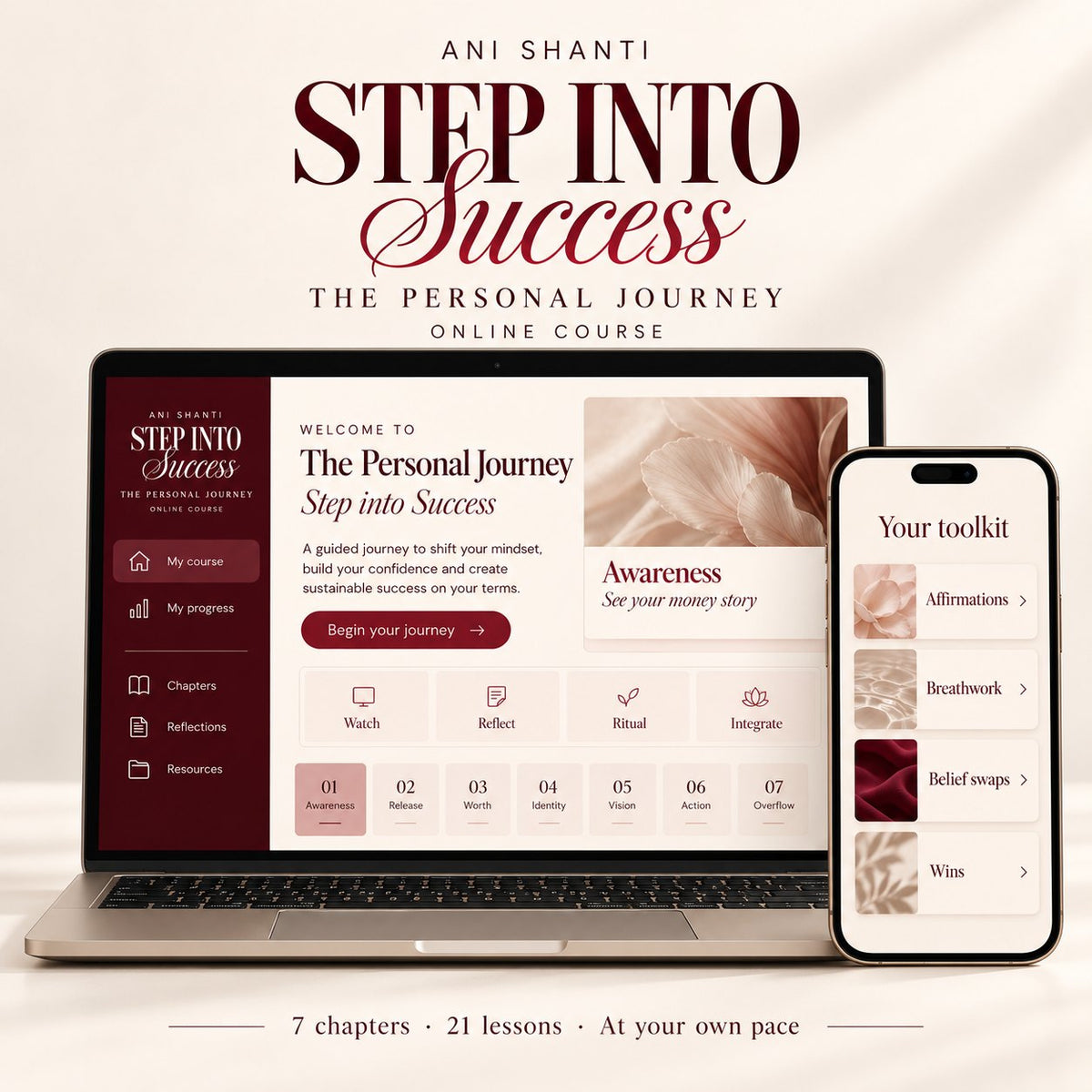Step into Success — The Personal Journey online course on laptop and phone: 7 chapters, 21 lessons